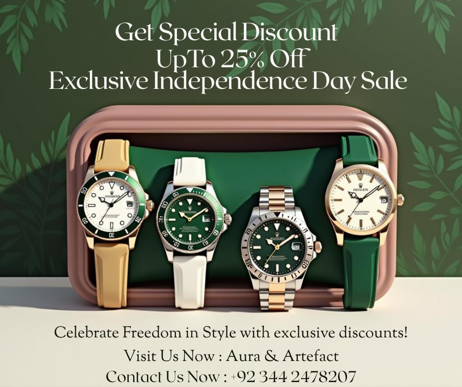 Four watches in a display case with promotional text for an Independence Day sale.