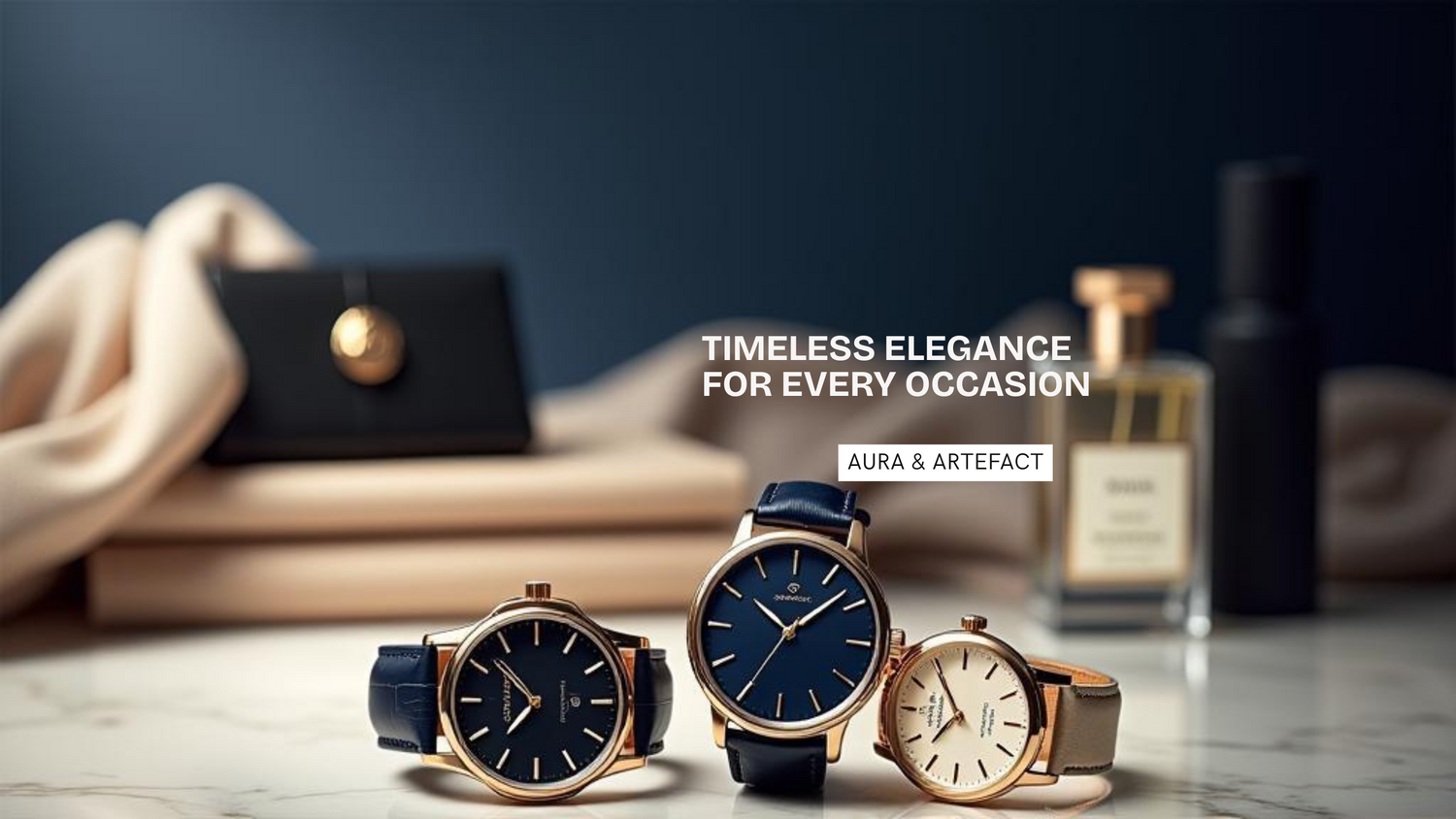 Three watches displayed on a marble surface with a blurred background featuring a handbag and perfume bottle.