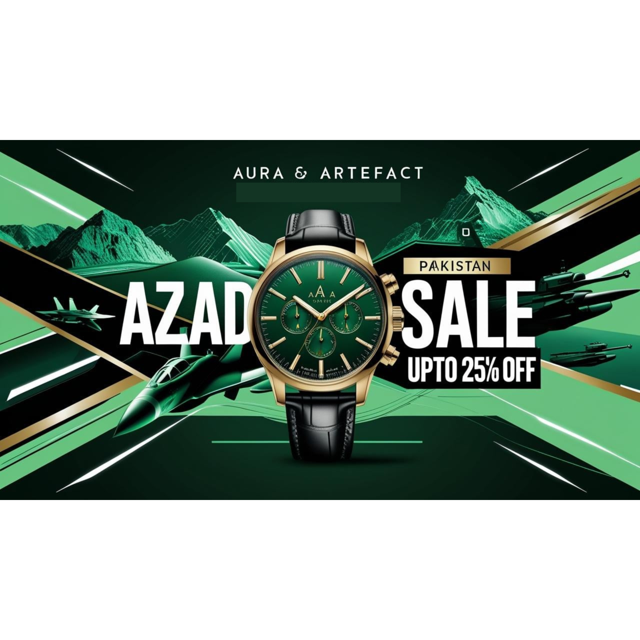 Promotional graphic for a watch sale with 'Aura & Artefact' branding and a green and black color scheme.